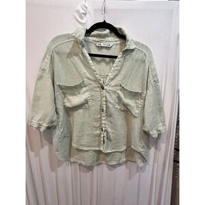 Zara Linen Blend Button Down Shirt‎ Top, Two Pocket Front, Sage Green, Casual